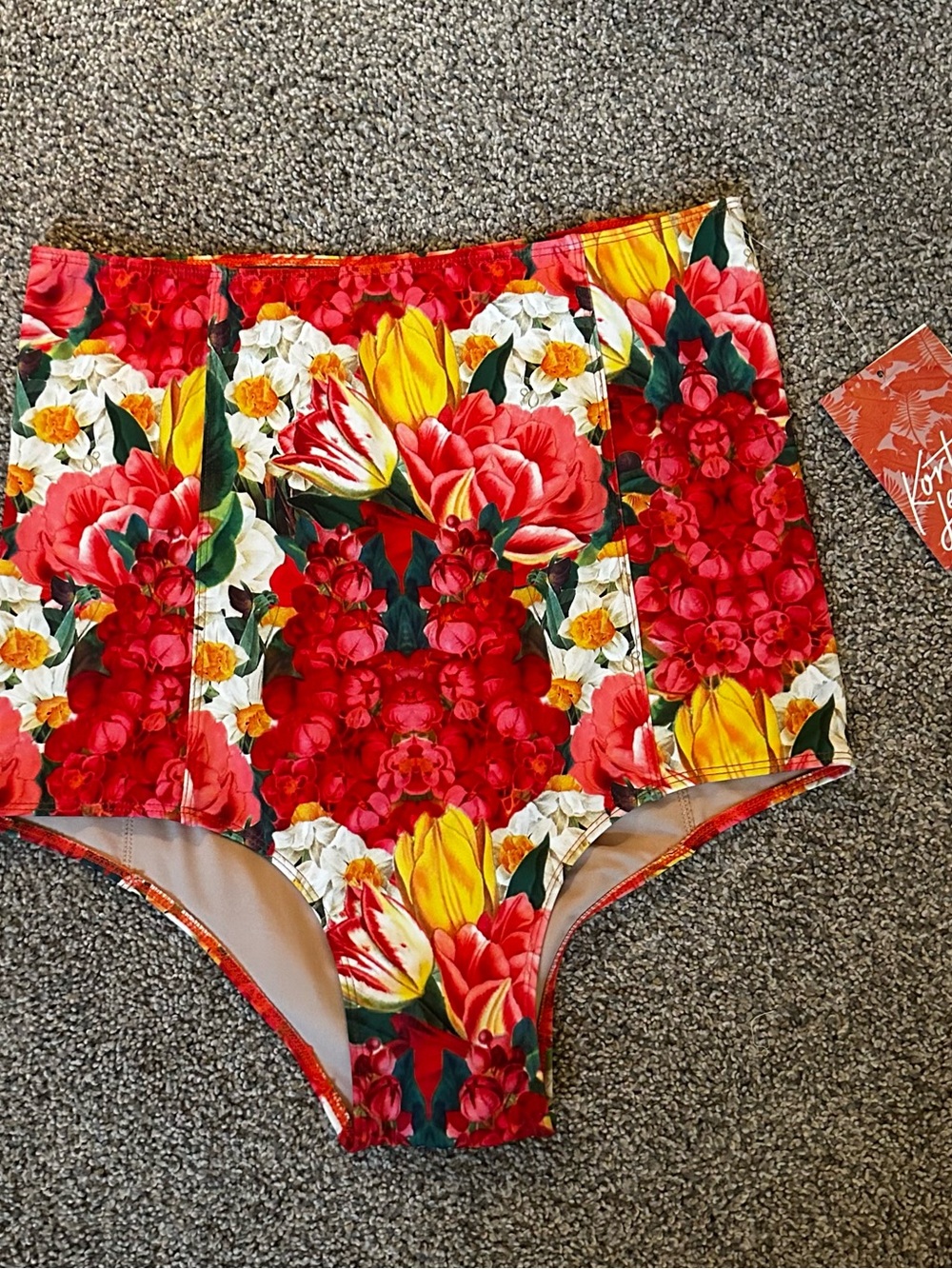 Kortni Jeane Vibrant Red & Yellow Floral High-Waist Swim Bottoms